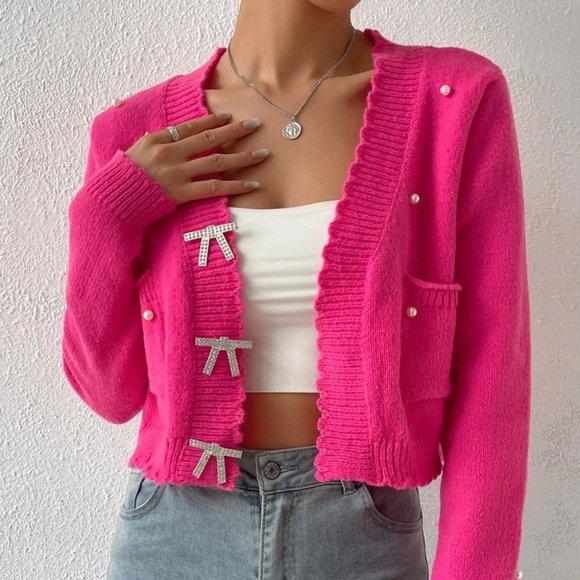 Pink Preppy Womens Pearls Beaded Dual Pocket Scallop Trim Cardigan - Picture 5 of 5